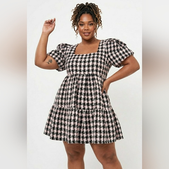 English Factory Dresses & Skirts - English Factory 2XL Cottage Plaid Gingham Tweed Puff Sleeve New